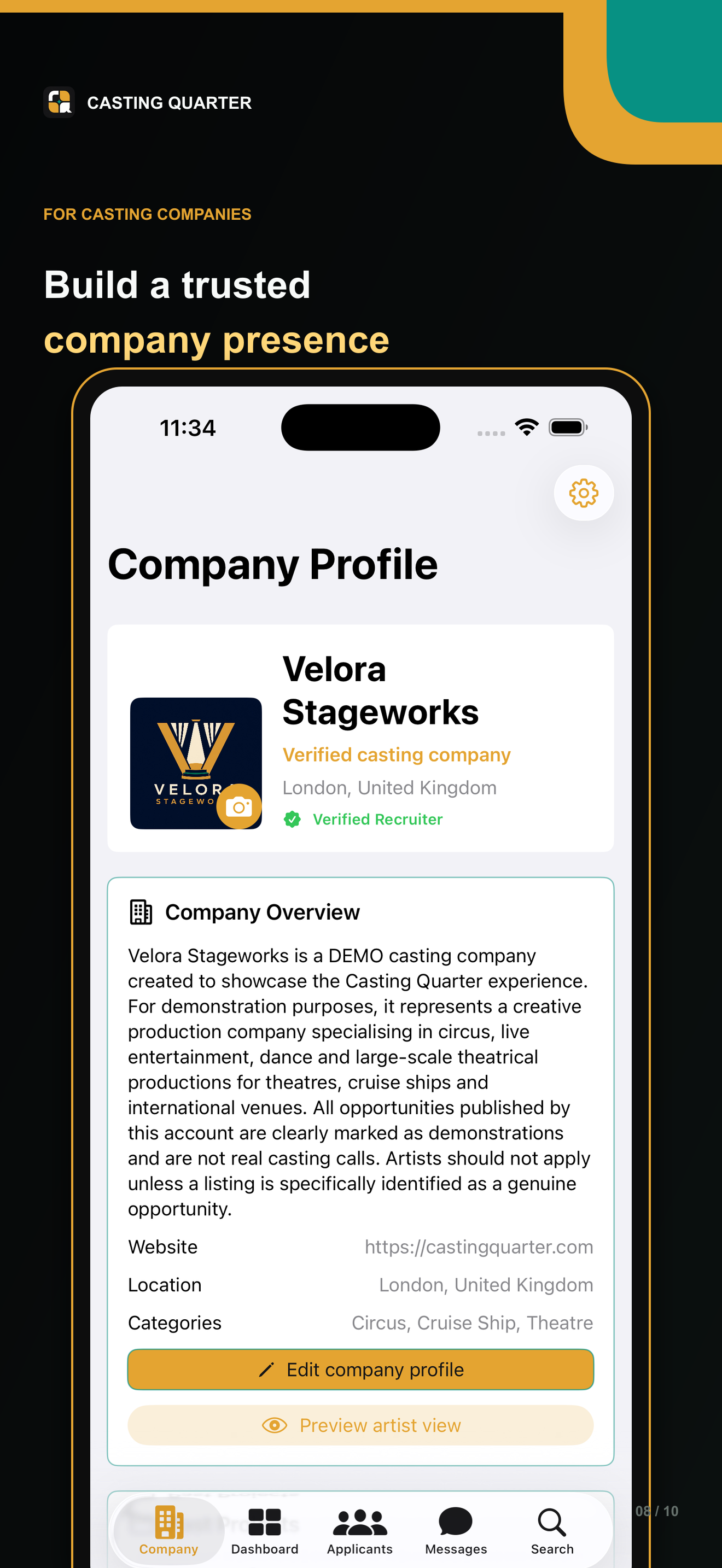 Current Casting Quarter Company profile screen on iPhone