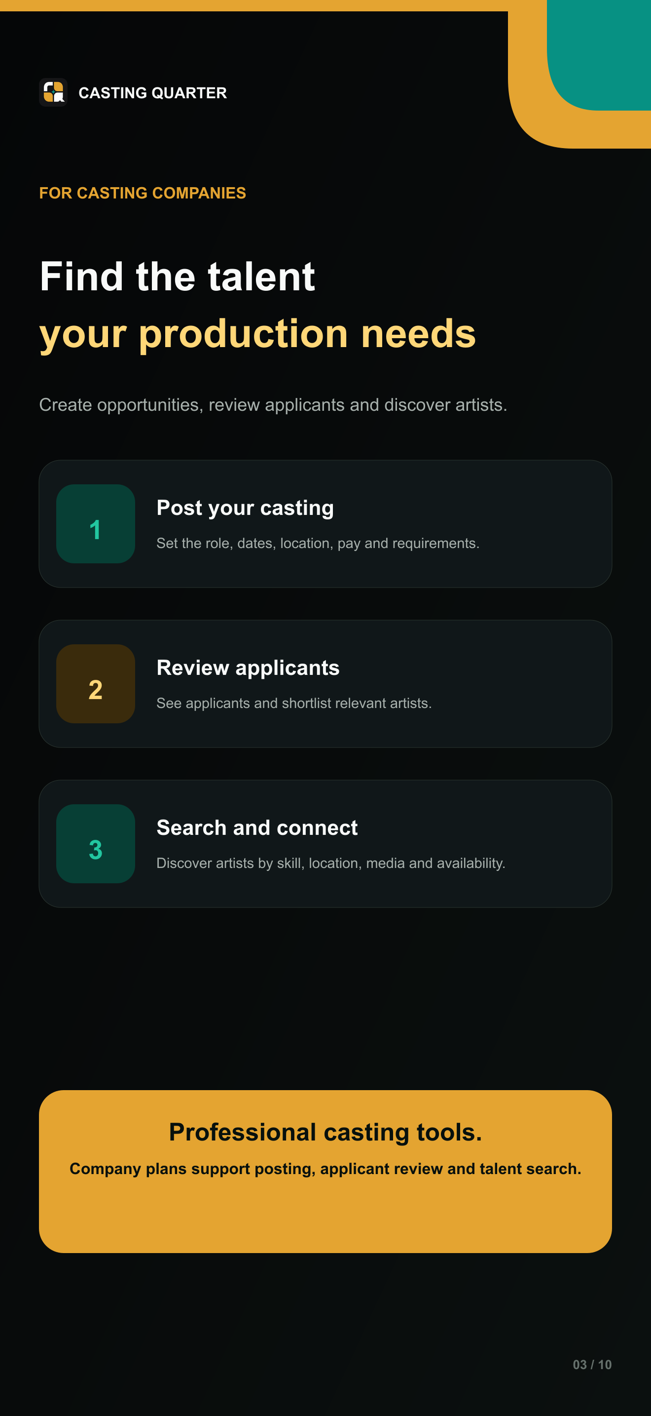 Casting Quarter companies journey screen