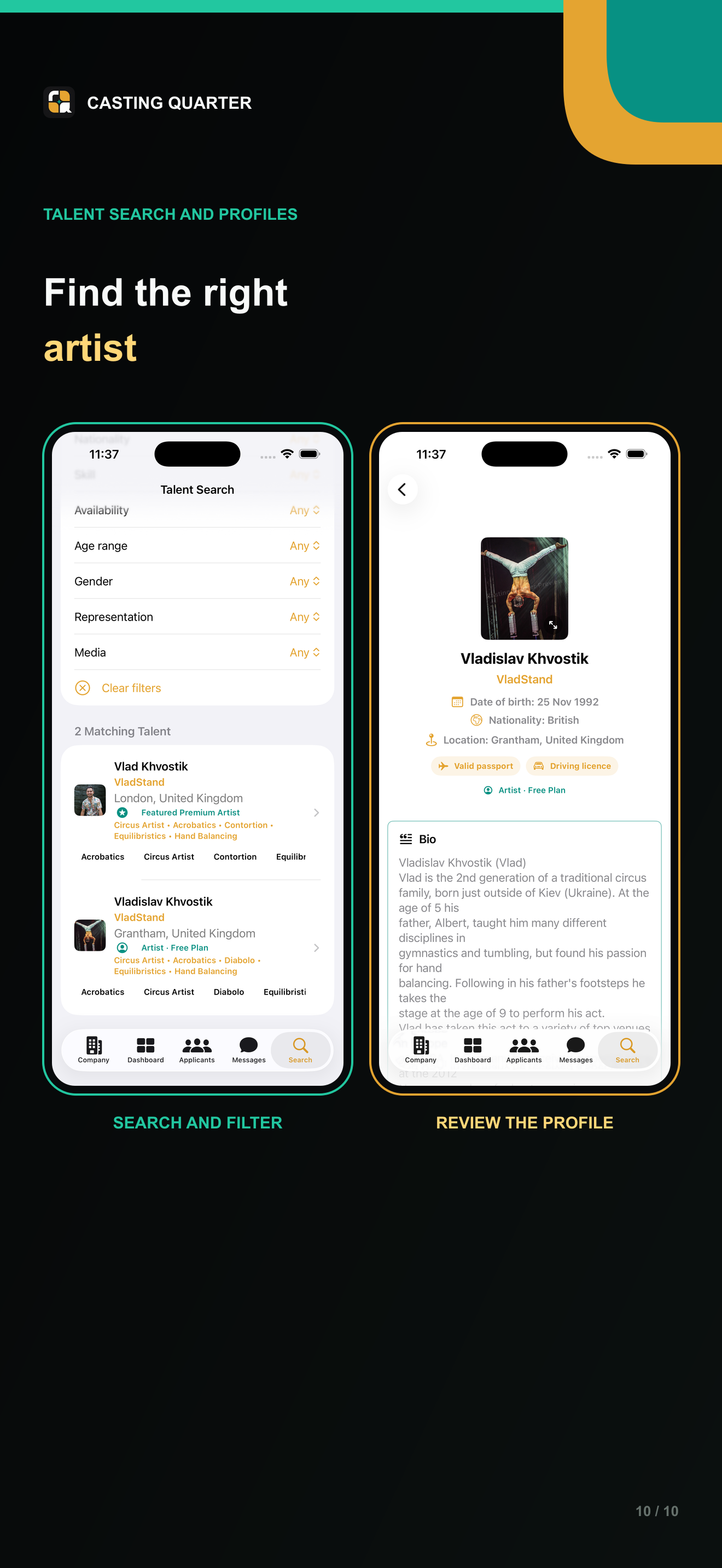 Current Casting Quarter talent search and Artist profile screens on iPhone